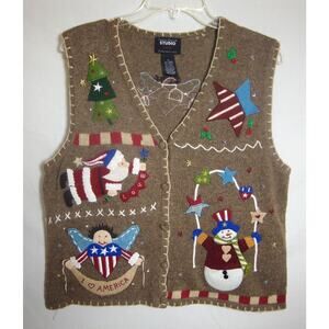 Designer Originals Christmas VEST Sleeveless Sweater USA Theme SZ L Santa Angels